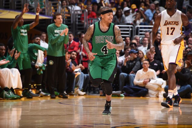 LOS ANGELES, CA - APRIL 3:  Isaiah Thomas #4 of the Boston Celtics during the game against the Los Angeles Lakers on April 3, 2016 at STAPLES Center in Los Angeles, California. NOTE TO USER: User expressly acknowledges and agrees that, by downloading and/or using this Photograph, user is consenting to the terms and conditions of the Getty Images License Agreement. Mandatory Copyright Notice: Copyright 2016 NBAE (Photo by Andrew D. Bernstein/NBAE via Getty Images)