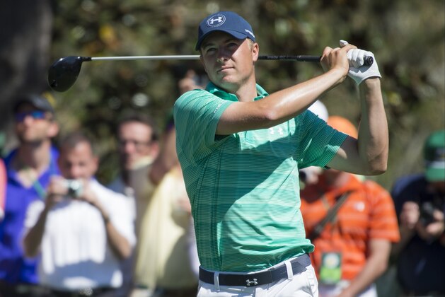 Apr 4, 2016; Augusta, GA, USA; Defending Masters champion Jordan Spieth watches his tee shot at 15 during a Monday practice round for the 2016 Masters at Augusta National GC. Mandatory Credit: Michael Madrid-USA TODAY Sports