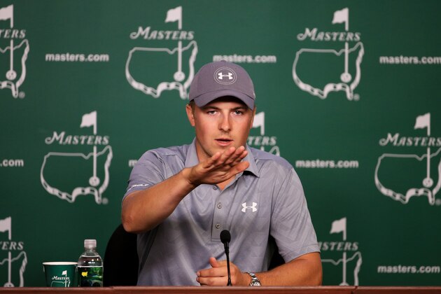 AUGUSTA, GEORGIA - APRIL 05:  Jordan Spieth of the United States speaks to the media during a practice round prior to the start of the 2016 Masters Tournament at Augusta National Golf Club on April 5, 2016 in Augusta, Georgia.  (Photo by David Cannon/Getty Images)