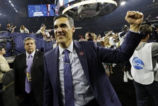 Villanova head coach Jay Wright celebrates after the NCAA Final Four tournament college basketball championship game against North Carolina, Monday, April 4, 2016, in Houston. Villanova won 77-74. (AP Photo/David J. Phillip)