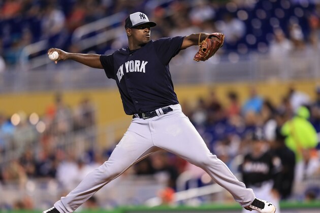 New York Yankees starting pitcher Luis Severino delivers a pitch during the first inning of an exhibition baseball game against the Miami Marlins on Saturday, April 2, 2016, in Miami. (AP Photo/Rob Foldy)