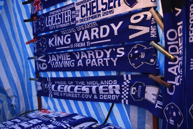 LEICESTER, ENGLAND - MARCH 01: Scarves displaying the name of Jamie Vardy of Leicester City are sold on a merchandise stall prior to the Barclays Premier League match between Leicester City and West Bromwich Albion at The King Power Stadium on March 1, 2016 in Leicester, England.  (Photo by Michael Regan/Getty Images)