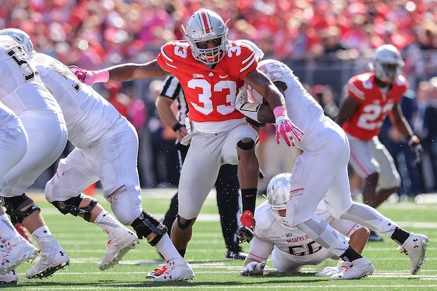 COLUMBUS, OH - OCTOBER 10: Dante Booker #33 of the Ohio State Buckeyes attempts to get into the backfield against the Maryland Terrapins at Ohio Stadium on October 10, 2015 in Columbus, Ohio. (Photo by Jamie Sabau/Getty Images) COLUMBUS, OH - OCTOBER 10: Dante Booker #33 of the Ohio State Buckeyes attempts to get into the backfield against the Maryland Terrapins at Ohio Stadium on October 10, 2015 in Columbus, Ohio. (Photo by Jamie Sabau/Getty Images)