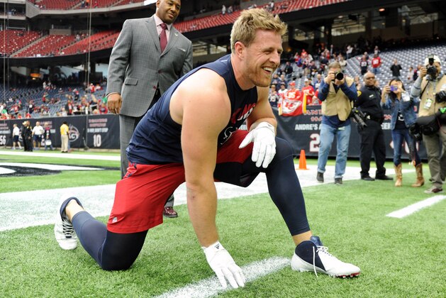 Houston Texans defensive end J.J. Watt visits with fans prior to an NFL football game against the Kansas City Chiefs, Saturday, Jan. 9, 2016, in Houston. (AP Photo/Eric Christian Smith)