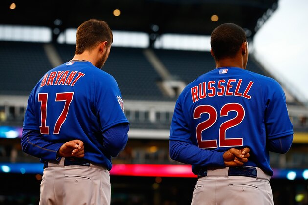PITTSBURGH, PA - APRIL 22: Kris Bryant #17 and Addison Russell #22 of the Chicago Cubs in action against the Pittsburgh Pirates during the game at PNC Park on April 22, 2015 in Pittsburgh, Pennsylvania. (Photo by Jared Wickerham/Getty Images)