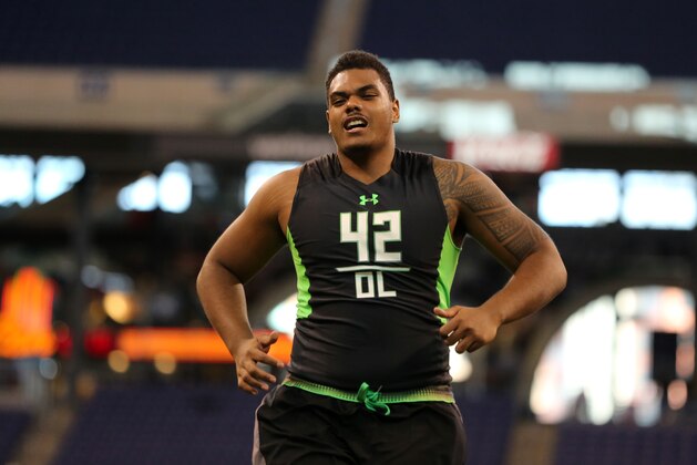 Notre Dame offensive lineman Ronnie Stanley during a drill at the NFL football scouting combine Friday, Feb. 26, 2016, in Indianapolis. (AP Photo/Gregory Payan)
