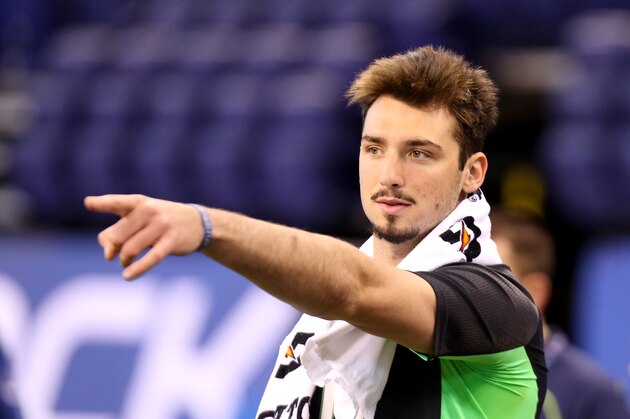 Memphis quarterback Paxton Lynch is seen at the NFL football scouting combine Saturday, Feb. 27, 2016, in Indianapolis. (AP Photo/Gregory Payan)