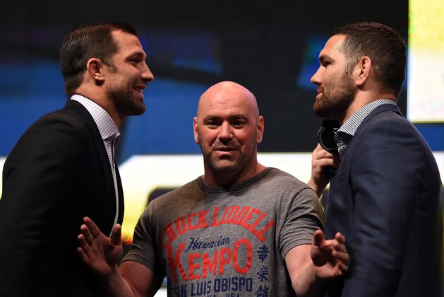 LAS VEGAS, NV - MARCH 04:  (L-R) Opponents Luke Rockhold and Chris Weidman face off during the UFC Unstoppable launch press conference at the MGM Grand Garden Arena on March 4, 2016 in Las Vegas, Nevada. (Photo by Josh Hedges/Zuffa LLC/Zuffa LLC via Getty Images)