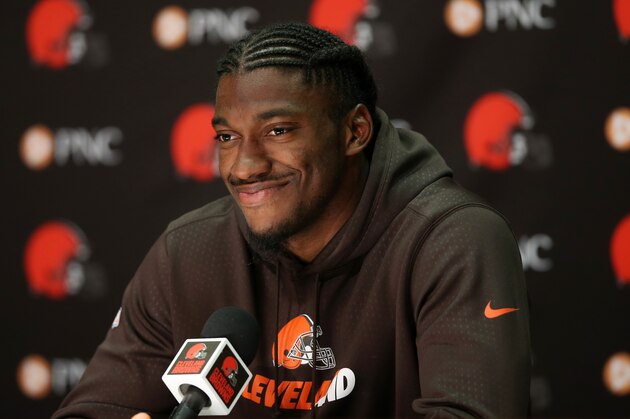 Cleveland Browns quarterback Robert Griffin III answers a question during a news conference at the  NFL football teams practice facility Wednesday, April 6, 2016, in Berea, Ohio. (AP Photo/Ron Schwane)
