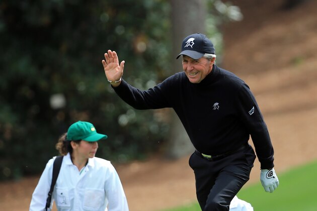 AUGUSTA, GEORGIA - APRIL 06:  Gary Player reacts during the Par 3 Contest prior to the start of the 2016 Masters Tournament at Augusta National Golf Club on April 6, 2016 in Augusta, Georgia.  (Photo by David Cannon/Getty Images)