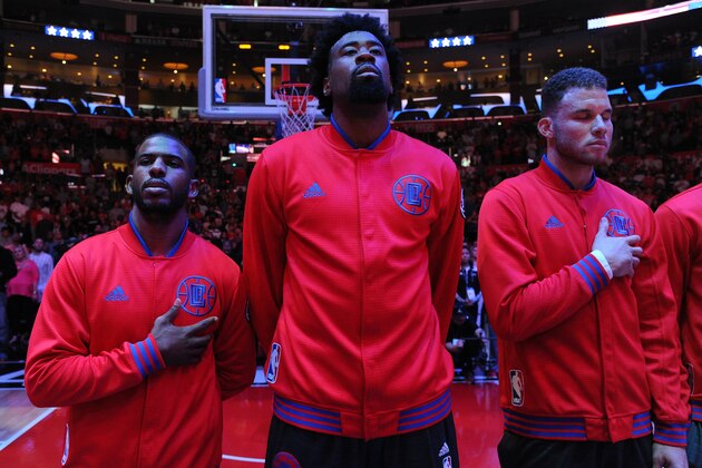 LOS ANGELES, CA - APRIL 03:  Chris Paul #3, DeAndre Jordan #6 and Blake Griffin #32 of the Los Angeles Clippers stand on the court before the game against the Washington Wizards at STAPLES Center on April 03, 2016 in Los Angeles, California. NOTE TO USER: User expressly acknowledges and agrees that, by downloading and/or using this Photograph, user is consenting to the terms and conditions of the Getty Images License Agreement. Mandatory Copyright Notice: Copyright 2016 NBAE (Photo by Andrew D. Bernstein/NBAE via Getty Images)