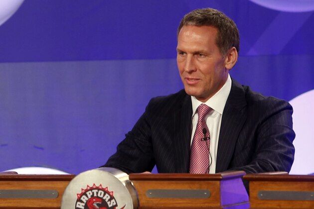 Toronto Raptors president Bryan Colangelo represents his team during the NBA basketball draft lottery, Tuesday, May 21, 2013 in New York. (AP Photo/Jason DeCrow)