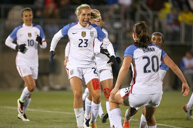 EAST HARTFORD, CT- APRIL 6:  Christen Press #23 of the United States celebrates her goal against Colombia during an international friendly soccer match at the Pratt & Whitney Stadium on April 6, 2016 in East Hartford, Connecticut. (Photo by Jim Rogash/Getty Images)