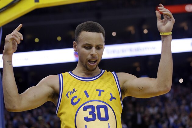 Golden State Warriors' Stephen Curry (30) during an NBA basketball game against the Minnesota Timberwolves Tuesday, April 5, 2016, in Oakland, Calif. Minnesota won 124-117 in overtime. (AP Photo/Marcio Jose Sanchez)