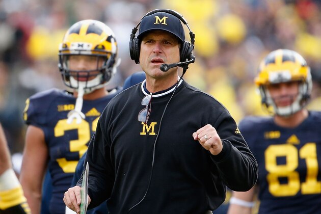 ANN ARBOR, MI - OCTOBER 17:  Head coach Jim Harbaugh of the Michigan Wolverines reacts during the college football game against the Michigan State Spartans at Michigan Stadium on October 17, 2015 in Ann Arbor, Michigan. The Spartans defeated the Wolverines 27-23.  (Photo by Christian Petersen/Getty Images)