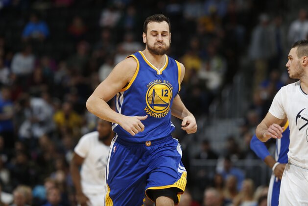 Golden State Warriors center Andrew Bogut (12) during the second half of an NBA basketball game Wednesday, Jan. 13, 2016, in Denver. The Nuggets won 112-110. (AP Photo/David Zalubowski)