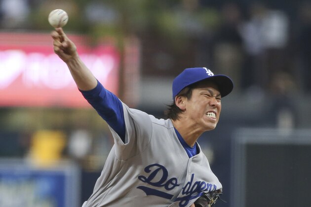 Los Angeles Dodgers starting pitcher Kenta Maeda throws against the San Diego Padres in the first inning of a baseball game Wednesday, April 6, 2016, in San Diego. (AP Photo/Lenny Ignelzi)