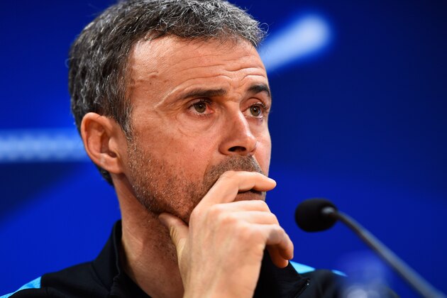 BARCELONA, SPAIN - APRIL 04:  Luis Enrique manager of Barcelona looks on during a Barcelona press conference ahead of their UEFA Champions League quarter final first leg match against Atletico Madrid at San Joan Despi training ground on April 4, 2016 in Barcelona, Spain.  (Photo by David Ramos/Getty Images)