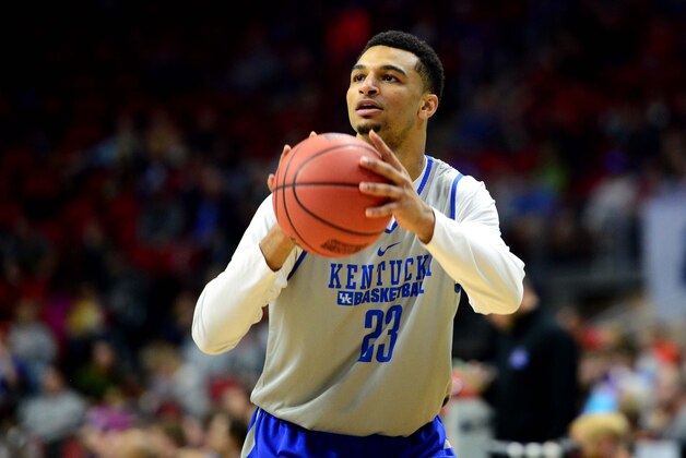 Mar 16, 2016; Des Moines, IA, USA; Kentucky Wildcats guard Jamal Murray (23) shoots the ball during a practice day before the first round of the NCAA men's college basketball tournament at Wells Fargo Arena. Mandatory Credit: Jeffrey Becker-USA TODAY Sports