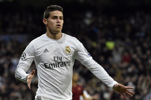 Real Madrid's Colombian midfielder James Rodriguez celebrates after scoring during the UEFA Champions League round of 16, second leg football match Real Madrid FC vs AS Roma at the Santiago Bernabeu stadium in Madrid on March 8, 2016. / AFP / GERARD JULIEN        (Photo credit should read GERARD JULIEN/AFP/Getty Images)
