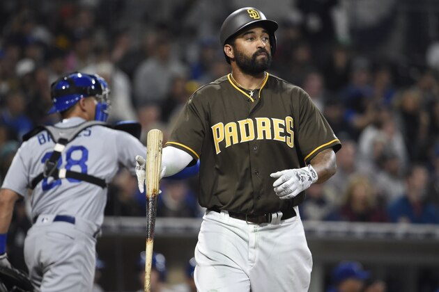 SAN DIEGO, CALIFORNIA - APRIL 05:  Matt Kemp #27 of the San Diego Padres flips his bat after striking out during the seventh inning of a baseball game against the Los Angeles Dodgers at PETCO Park on April 5, 2016 in San Diego, California.  (Photo by Denis Poroy/Getty Images)