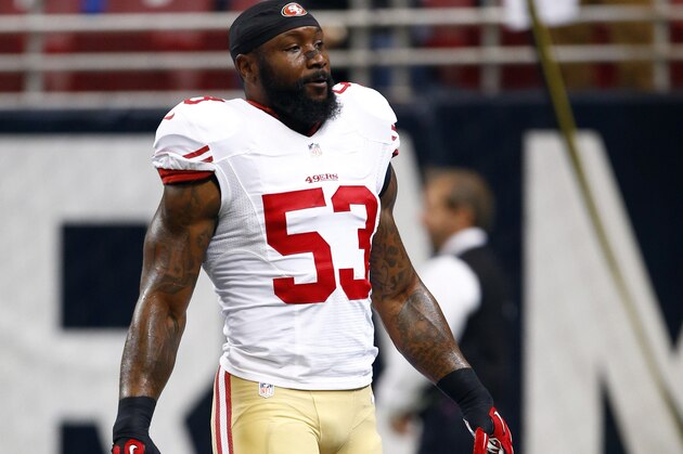 San Francisco 49ers inside linebacker NaVorro Bowman warms up before the start of an NFL football game between the St. Louis Rams and the San Francisco 49ers Sunday, Nov. 1, 2015, in St. Louis. (AP Photo/Billy Hurst)