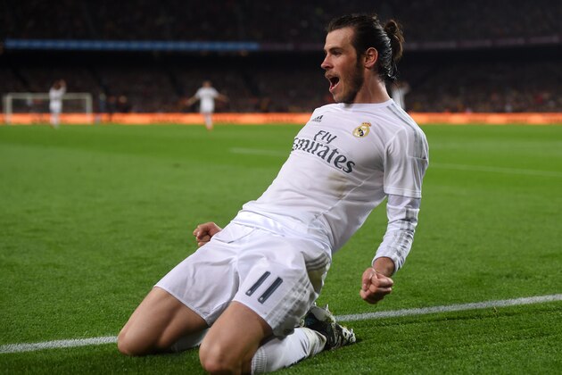 BARCELONA, SPAIN - APRIL 02:  Gareth Bale of Real Madrid CF celebrates before having his goal disallowed during the La Liga match between FC Barcelona and Real Madrid CF at Camp Nou on April 2, 2016 in Barcelona, Spain.  (Photo by Alex Caparros/Getty Images)