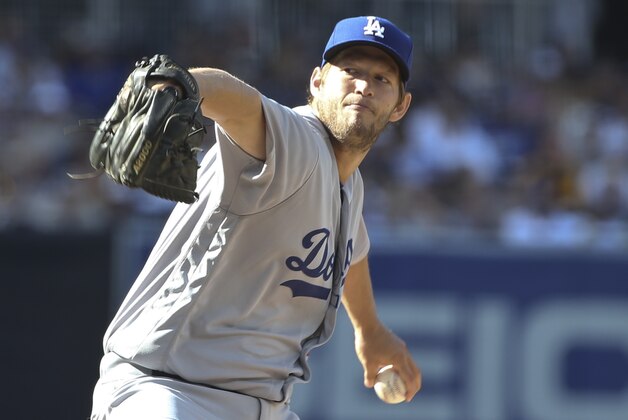 Los Angeles Dodgers starting pitcher Clayton Kershaw works against the San Diego Padres during the first inning of a baseball game Monday, April 4, 2016, in San Diego. (AP Photo/Lenny Ignelzi)