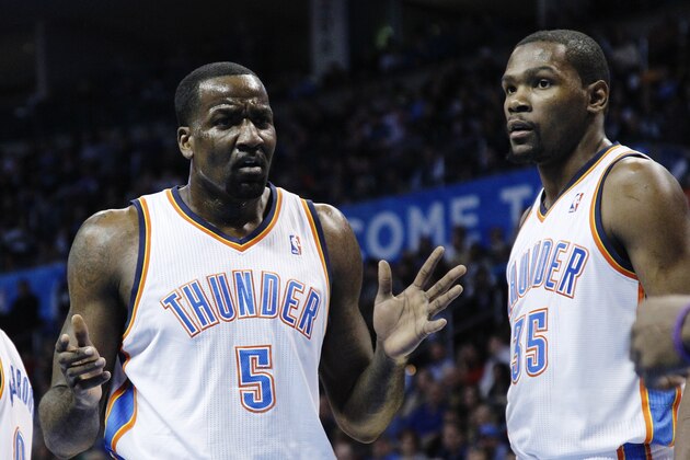 Oklahoma City Thunder center Kendrick Perkins (5) reacts to an official's call during an NBA basketball game against the Charlotte Bobcats in Oklahoma City, Monday, Nov. 26, 2012. forward Kevin Durant (35) is at right. (AP Photo/Sue Ogrocki)