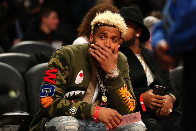 TORONTO, ON - FEBRUARY 14: NFL player Odell Beckham Jr. of the New York Giants attends the NBA All-Star Game 2016 at the Air Canada Centre on February 14, 2016 in Toronto, Ontario. NOTE TO USER: User expressly acknowledges and agrees that, by downloading and/or using this Photograph, user is consenting to the terms and conditions of the Getty Images License Agreement.  (Photo by Elsa/Getty Images)