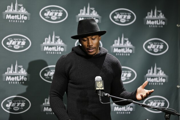New York Jets wide receiver Brandon Marshall responds to questions during a news conference after an NFL football game against the New England Patriots Sunday, Dec. 27, 2015, in East Rutherford, N.J. The Jets won 26-20. (AP Photo/Seth Wenig)
