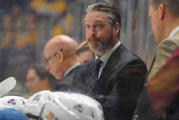 Mar 28, 2016; Nashville, TN, USA; Colorado Avalanche Patrick Roy looks on from the bench during the second period against the Nashville Predators at Bridgestone Arena. Mandatory Credit: Christopher Hanewinckel-USA TODAY Sports