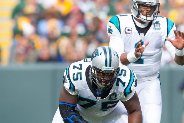 Oct 19, 2014; Green Bay, WI, USA; Carolina Panthers guard Fernando Velasco (75) during the game against the Green Bay Packers at Lambeau Field.  Green Bay won 38-17.  Mandatory Credit: Jeff Hanisch-USA TODAY Sports