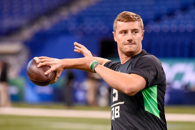 Michigan State quarterback Connor Cook runs a drill at the NFL football scouting combine, Saturday, Feb. 27, 2016, in Indianapolis. (AP Photo/L.G. Patterson)