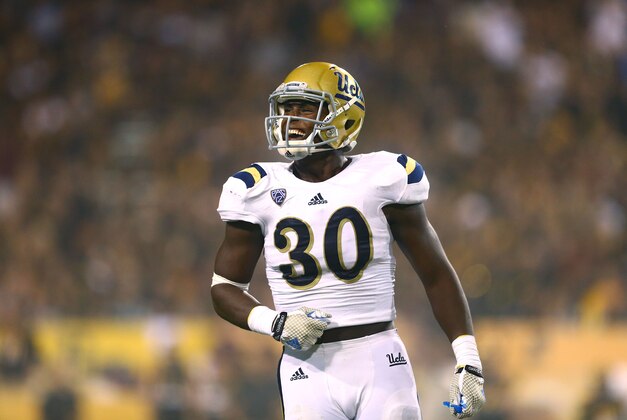 Sep 25, 2014; Tempe, AZ, USA; UCLA Bruins linebacker Myles Jack (30) reacts against the Arizona State Sun Devils at Sun Devil Stadium. UCLA defeated Arizona State 62-27. Mandatory Credit: Mark J. Rebilas-USA TODAY Sports