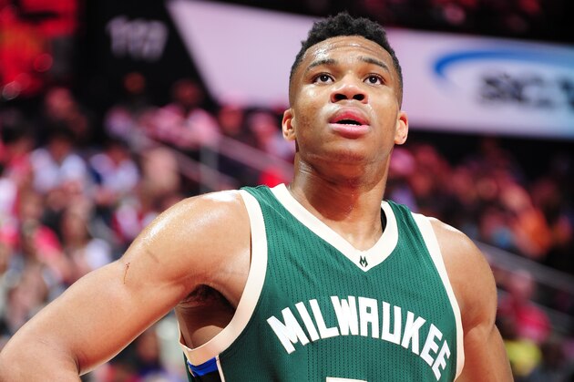 ATLANTA, GA - MARCH 25:  Giannis Antetokounmpo #34 of the Milwaukee Bucks looks on during the game against the Atlanta Hawks on March 25, 2016 at Philips Arena in Atlanta, Georgia.  NOTE TO USER: User expressly acknowledges and agrees that, by downloading and/or using this Photograph, user is consenting to the terms and conditions of the Getty Images License Agreement. Mandatory Copyright Notice: Copyright 2016 NBAE (Photo by Scott Cunningham/NBAE via Getty Images)