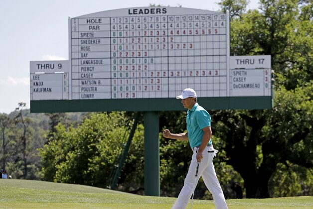 Jordan Spieth punches the air after a birdie on the 18th hole during the first round of the Masters golf tournament Thursday, April 7, 2016, in Augusta, Ga. (AP Photo/Matt Slocum)