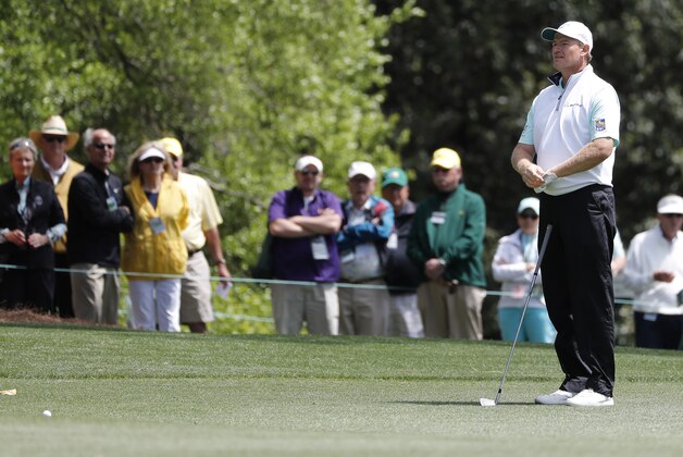 Ernie Els, of South Africa, waits to hit on the first fairway during the first round of the Masters golf tournament Thursday, April 7, 2016, in Augusta, Ga. (AP Photo/Matt Slocum)