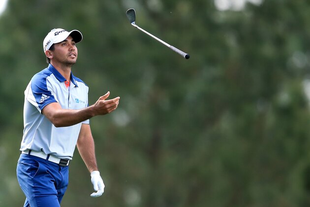 AUGUSTA, GEORGIA - APRIL 07:  Jason Day of Australia tosses his club in the air after playing his second shot on the 14th hole during the first round of the 2016 Masters Tournament at Augusta National Golf Club on April 7, 2016 in Augusta, Georgia.  (Photo by David Cannon/Getty Images)