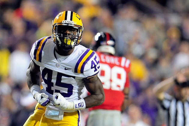 BATON ROUGE, LA - NOVEMBER 17:  Deion Jones #45 of the LSU Tigers reacts to a defensive stop during a game against the Ole Miss Rebels at Tiger Stadium on November 17, 2012 in Baton Rouge, Louisiana.  (Photo by Stacy Revere/Getty Images)