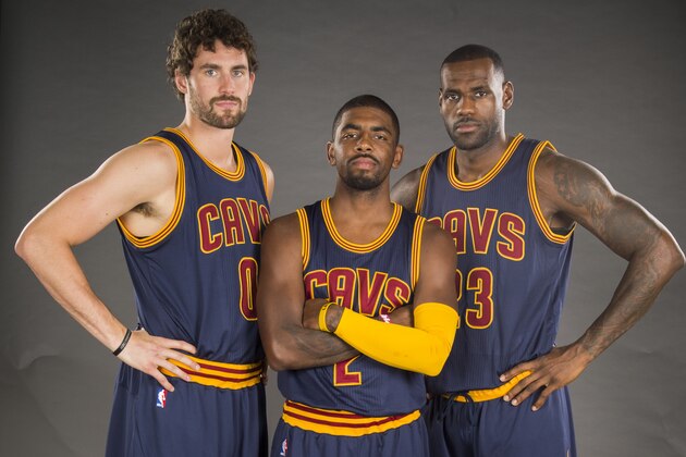 CLEVELAND, OH - SEPTEMBER 28: Kevin Love #0 Kyrie Irving #2 and LeBron James #23 of the Cleveland Cavaliers during the Cleveland Cavaliers media day at Cleveland Clinic Courts on September 28, 2015 in Independence, Ohio. (Photo by Jason Miller/Getty Images)