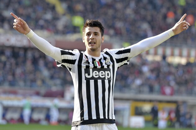 Juventus' Alvaro Morata celebrates after scoring during a Serie A soccer match between Torino and Juventus at Turin's Olympic stadium, Sunday, March 20, 2016. Juventus won 4-1. (Alessandro Di Marco/ANSA via AP)