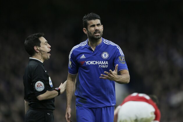 Chelsea's Diego Costa reacts in frustration to a decision during the English Premier League soccer match between Chelsea and Manchester United at Stamford Bridge stadium in London, Sunday, Feb. 7, 2016.  (AP Photo/Tim Ireland)