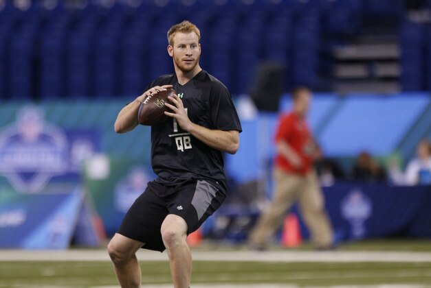 Feb 27, 2016; Indianapolis, IN, USA; North Dakota State Bisons quarterback Carson Wentz throws a pass during the 2016 NFL Scouting Combine at Lucas Oil Stadium. Mandatory Credit: Brian Spurlock-USA TODAY Sports