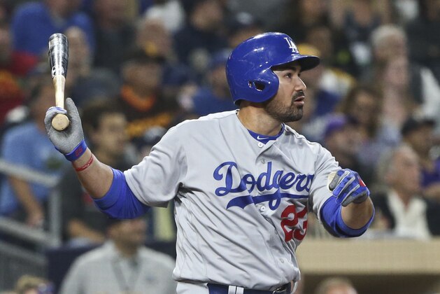 Los Angeles Dodgers' Adrian Gonzalez watches his double to centerfield being misplayed by San Diego Padres center fielder Jon Jay in the fourth inning a baseball game Tuesday, April 5, 2016, in San Diego. The Padres' catcher is Derek Norris. (AP Photo/Lenny Ignelzi)