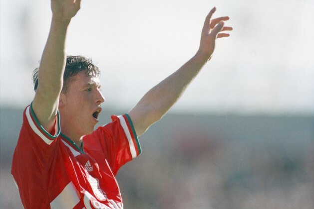 Liverpool footballer Robbie Fowler celebrates his second goal of three, during a match against Arsenal, 28th August 1994. Liverpool won the match 3-0. (Photo by Ben Radford/Getty Images)