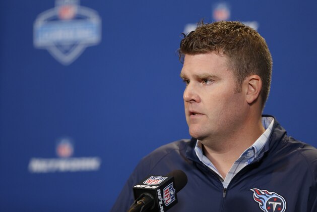 Tennessee Titans general manager Jon Robinson speaks during a press conference at the NFL football scouting combine in Indianapolis, Wednesday, Feb. 24, 2016. (AP Photo/Michael Conroy)