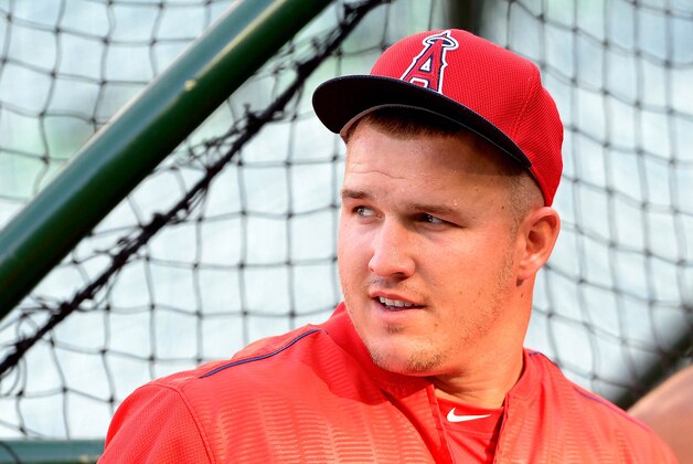 Apr 5, 2016; Anaheim, CA, USA; Los Angeles Angels center fielder Mike Trout (27) before the game against the Chicago Cubs at Angel Stadium of Anaheim. Mandatory Credit: Jayne Kamin-Oncea-USA TODAY Sports