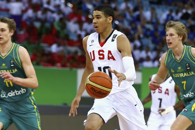 DUBAI, UNITED ARAB EMIRATES - AUGUST 16:  Jayson Tatum of the United States in action during the FIBA U17 World Championships Final match between Australia and the United States of America at the Hamdan Sports Complex on August 16, 2014 in Dubai, United Arab Emirates.  (Photo by Francois Nel/Getty Images)