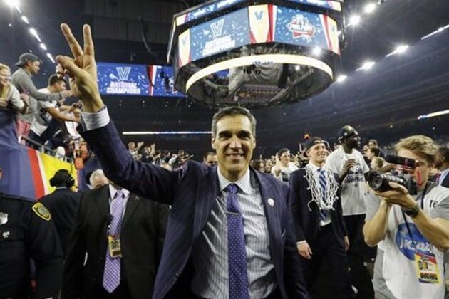 Villanova head coach Jay Wright celebrates after the NCAA Final Four tournament college basketball championship game against North Carolina, Monday, April 4, 2016, in Houston. Villanova won 77-74. (AP Photo/David J. Phillip)
